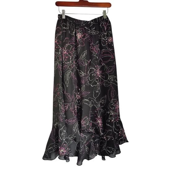 Vtg Y2K JL Studio Sz 18W Black Floral Fairy Maxi Skirt Asymmetrical Ruffle Flowy - Picture 1 of 5